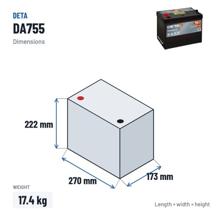 Bateria de carro Deta DA755 12V 75Ah 630A – medidas 270 × 173 × 222 mm