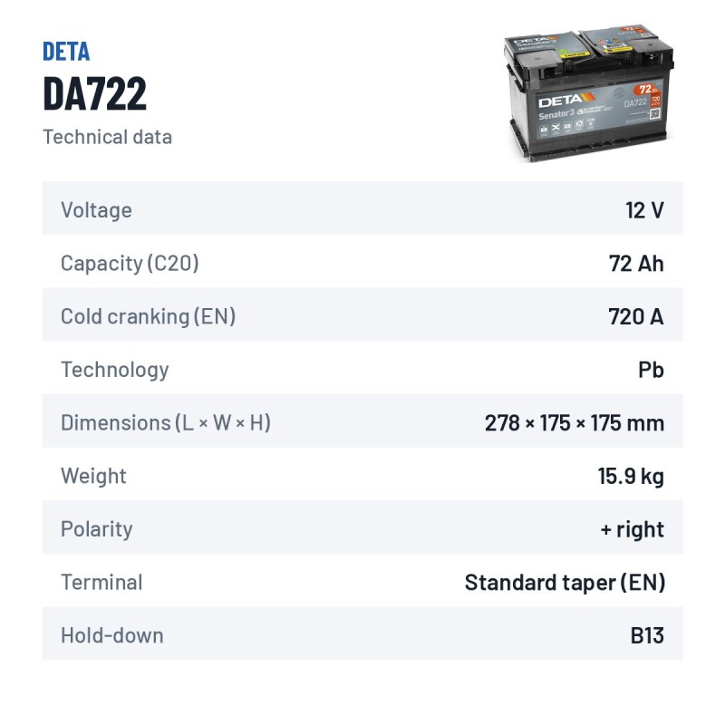 Bateria de carro Deta DA722 12V 72Ah 720A – ficha técnica