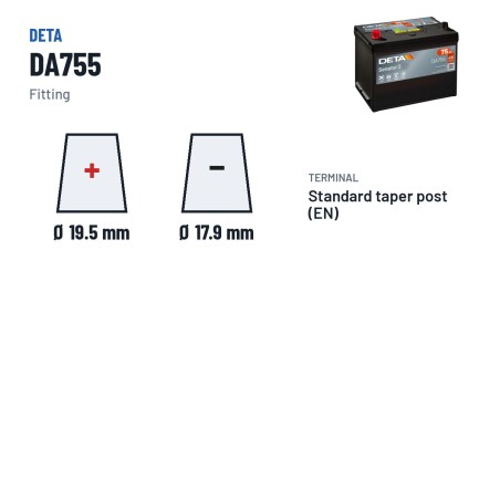 Batteria auto Deta DA755 12V 75Ah 630A | baterias.com