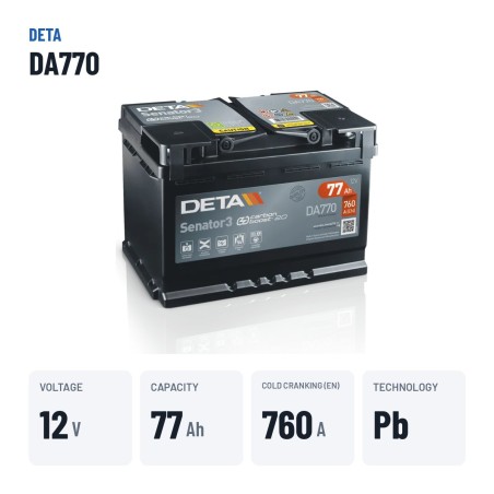 Bateria de carro Deta DA770 12V 77Ah 760A – dados principais