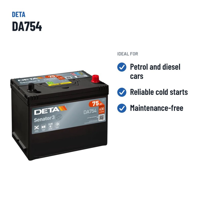 Autobatterie Deta DA754 12V 75Ah 630A | baterias.com