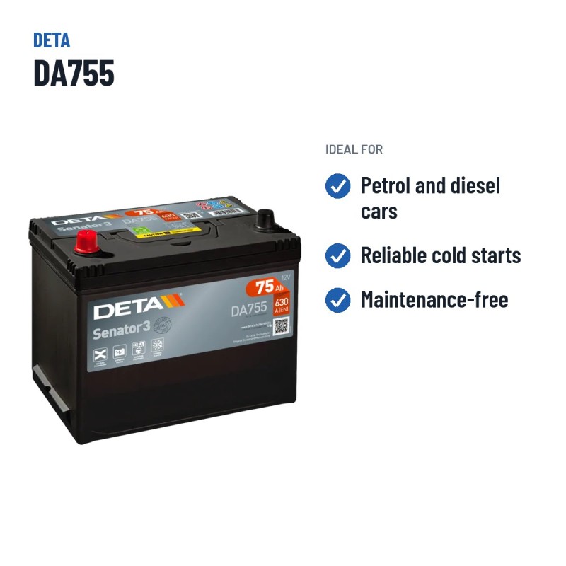 Batteria auto Deta DA755 12V 75Ah 630A | baterias.com