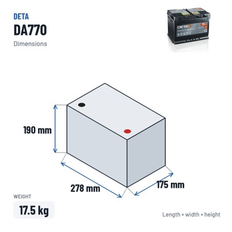 Batteria auto Deta DA770 12V 77Ah 760A | baterias.com