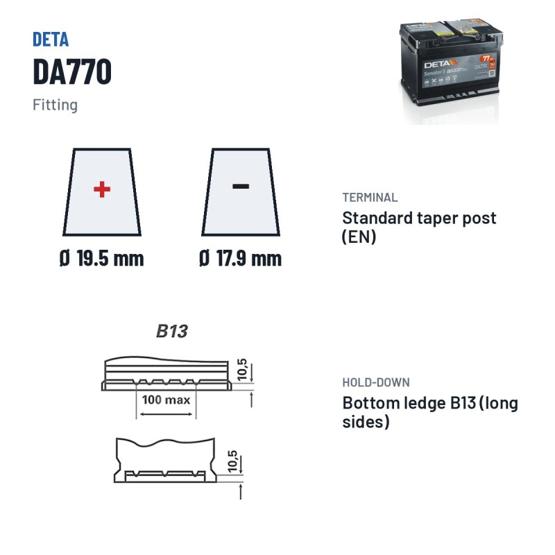 Bateria de carro Deta DA770 12V 77Ah 760A – terminal e fixação