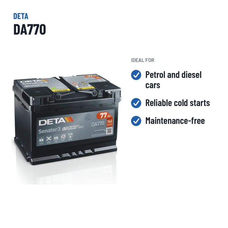 Batterie voiture Deta DA770 12V 77Ah 760A – utilisations recommandées