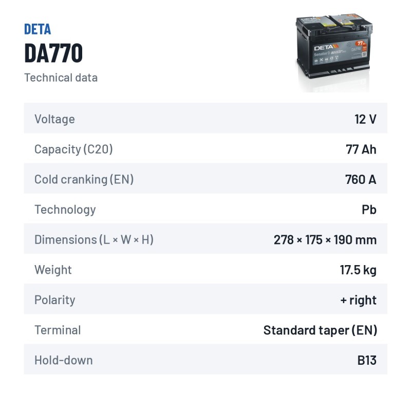 Batterie voiture Deta DA770 12V 77Ah 760A – fiche technique