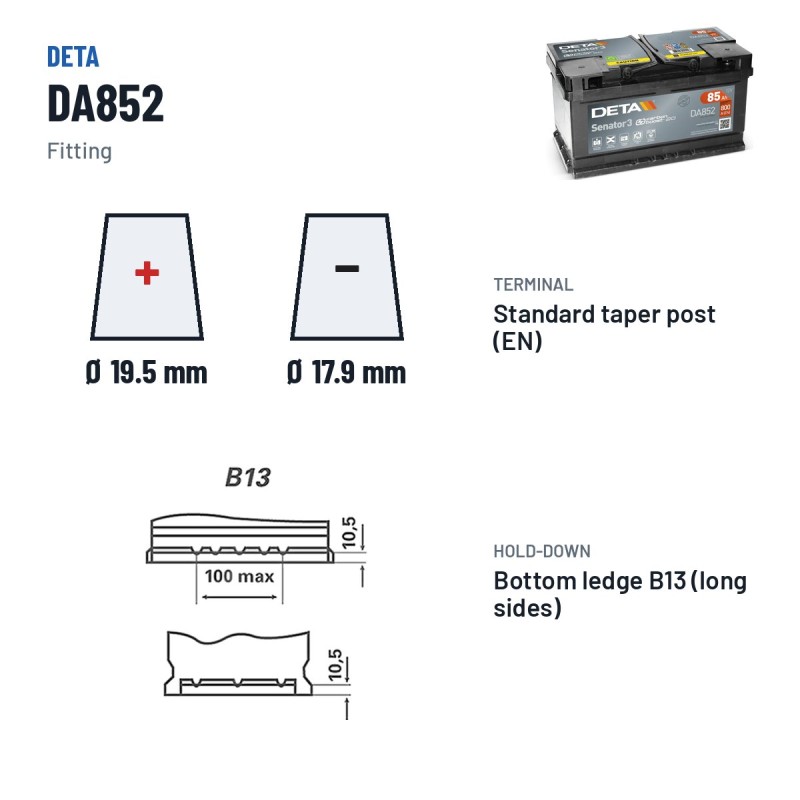Bateria de carro Deta DA852 12V 85Ah 800A | baterias.com