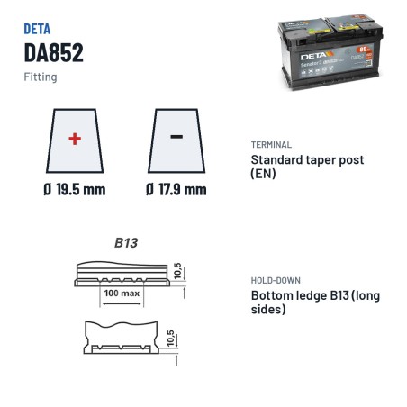 Bateria de carro Deta DA852 12V 85Ah 800A | baterias.com