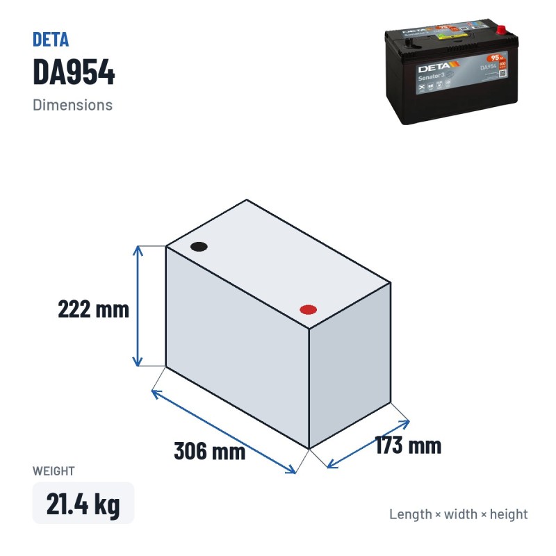 Batteria auto Deta DA954 12V 95Ah 800A – dimensioni 306 × 173 × 222 mm