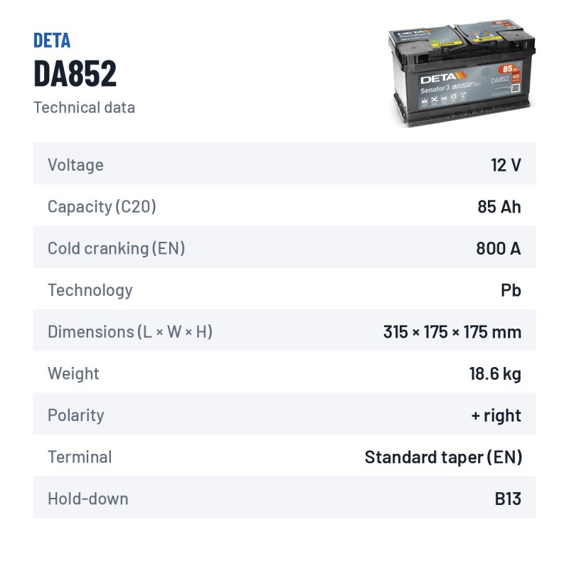 Bateria de carro Deta DA852 12V 85Ah 800A | baterias.com