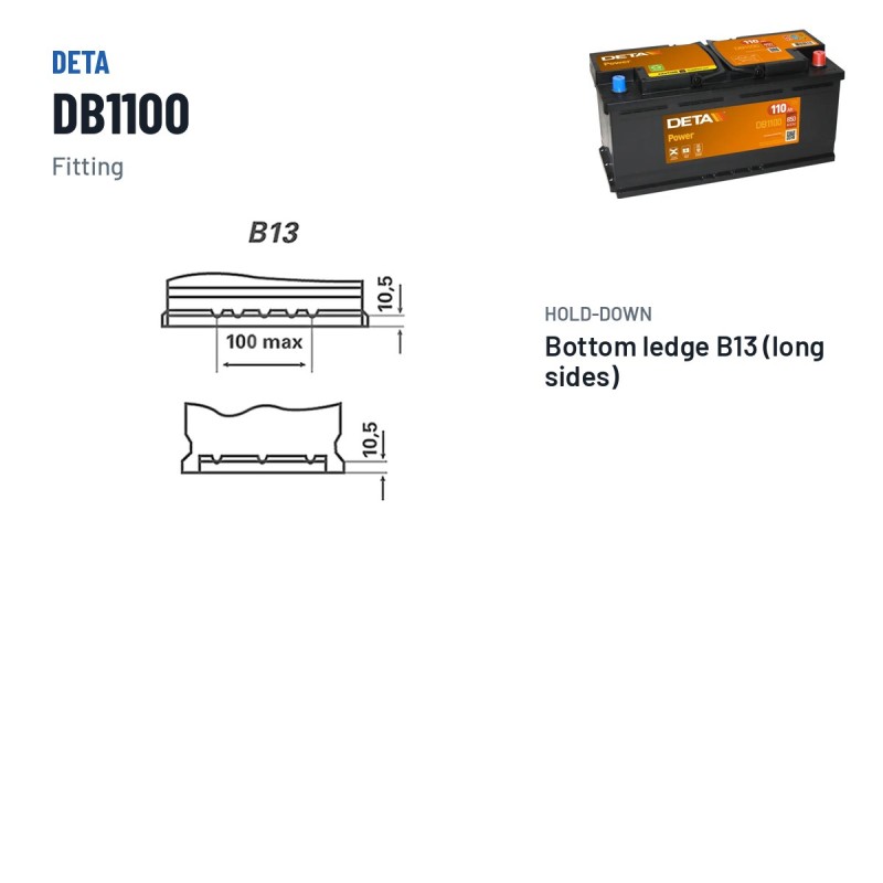 Batteria auto Deta DB1100 12V 110Ah 850A – terminali e fissaggio