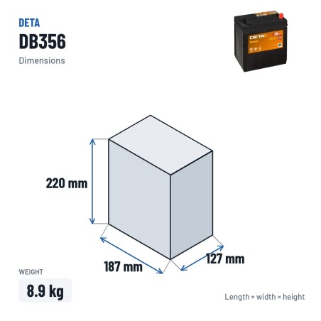 Batteria auto Deta DB356 12V 35Ah 240A – dimensioni 187 × 127 × 220 mm