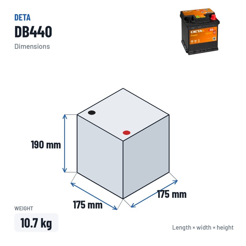 Batería de coche Deta DB440 12V 44Ah 400A – medidas 175 × 175 × 190 mm