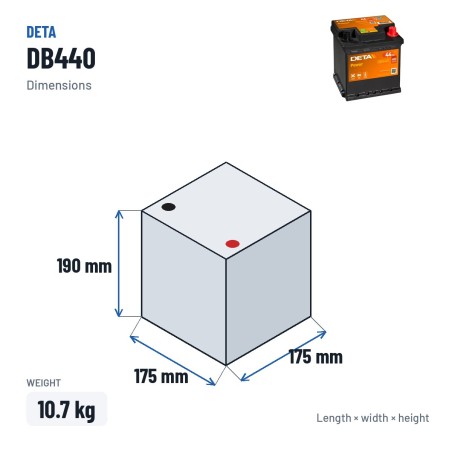 Batería de coche Deta DB440 12V 44Ah 400A – medidas 175 × 175 × 190 mm