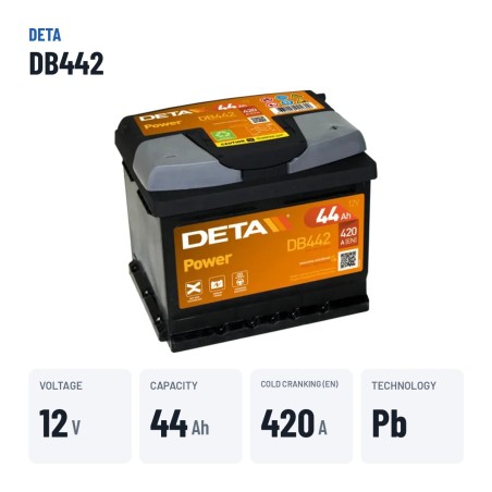 Batterie voiture Deta DB442 12V 44Ah 420A – caractéristiques clés