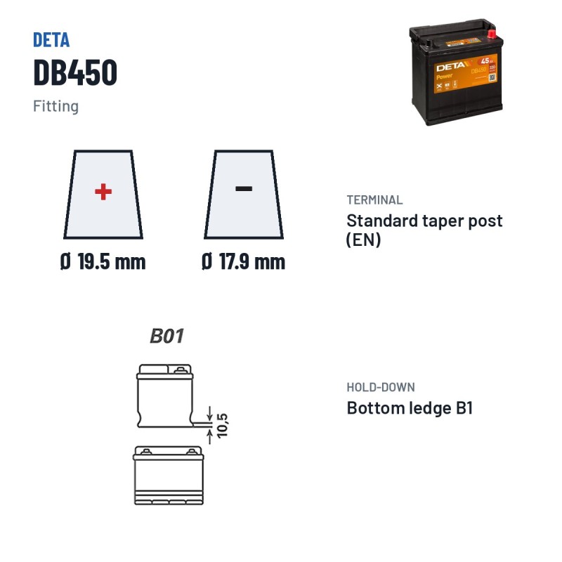 Batería de coche Deta DB450 12V 45Ah 330A – borne y sujeción