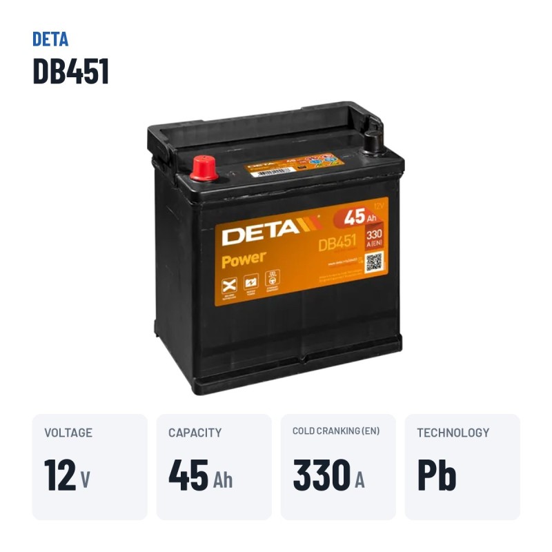 Batterie voiture Deta DB451 12V 45Ah 330A – caractéristiques clés