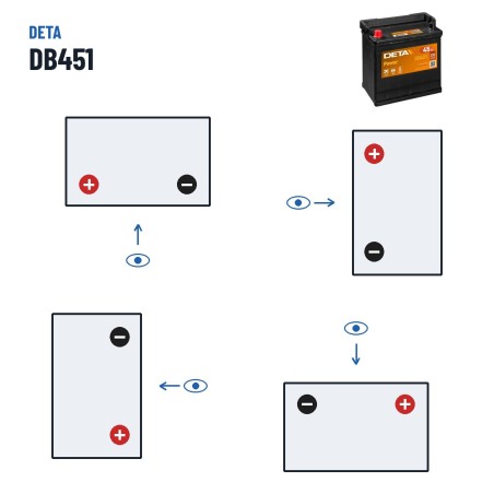 Batteria auto Deta DB451 12V 45Ah 330A – polarità (schema 1, + a sinistra)