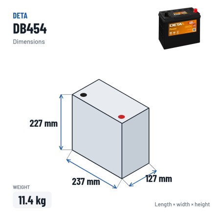 Car battery Deta DB454 12V 45Ah 330A – dimensions 237 × 127 × 227 mm