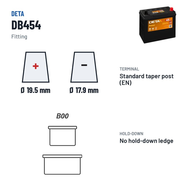 Bateria de carro Deta DB454 12V 45Ah 330A – terminal e fixação