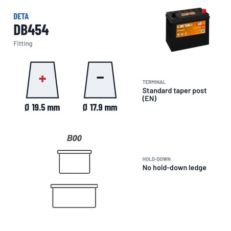 Batterie voiture Deta DB454 12V 45Ah 330A – bornes et fixation