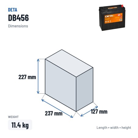 Autobatterie Deta DB456 12V 45Ah 330A – Abmessungen 237 × 127 × 227 mm