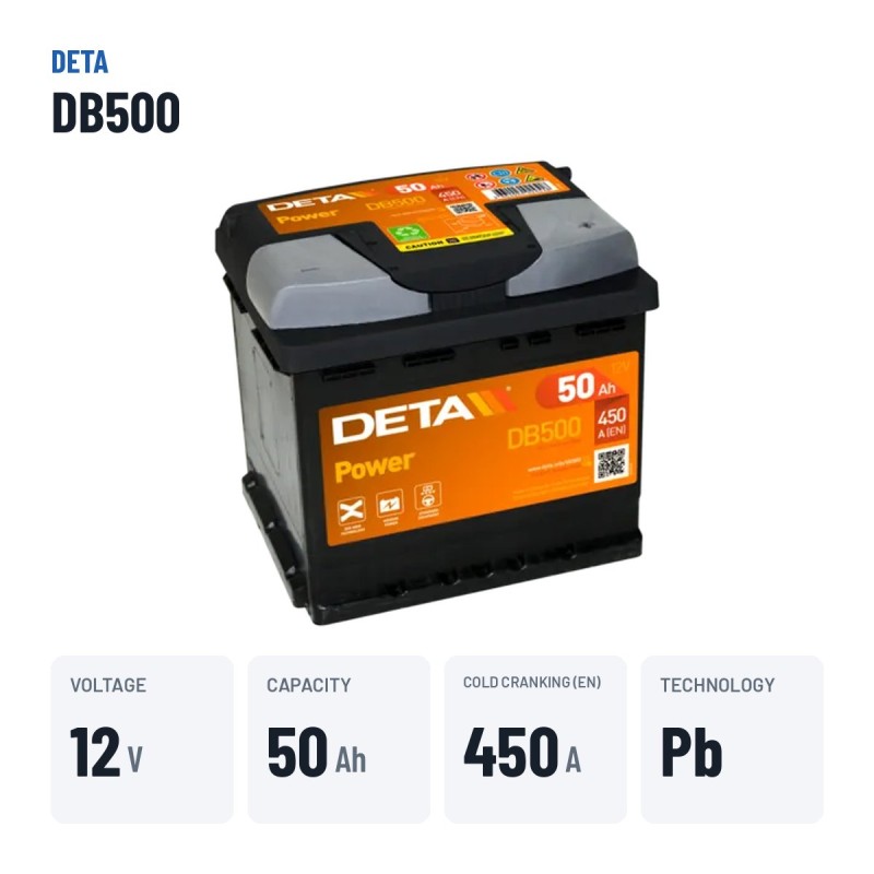Batterie voiture Deta DB500 12V 50Ah 450A – caractéristiques clés