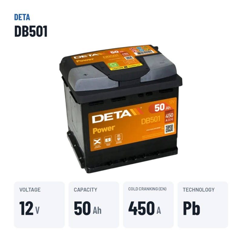Autobatterie Deta DB501 12V 50Ah 450A – wichtigste Daten