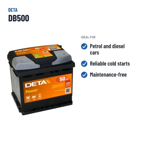 Batterie voiture Deta DB500 12V 50Ah 450A – utilisations recommandées