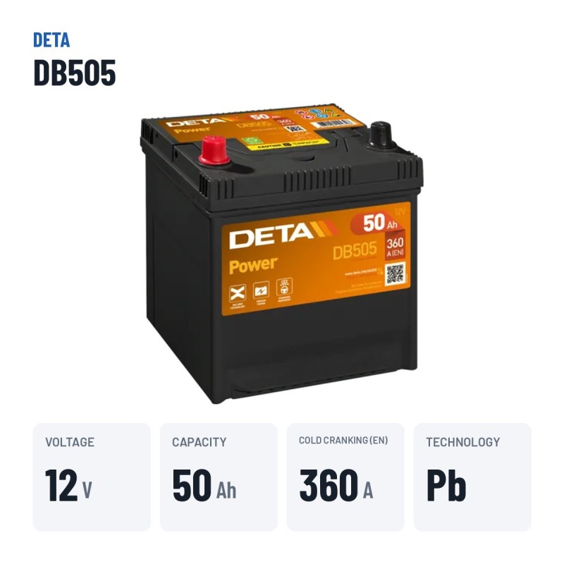 Car battery Deta DB505 12V 50Ah 360A | baterias.com