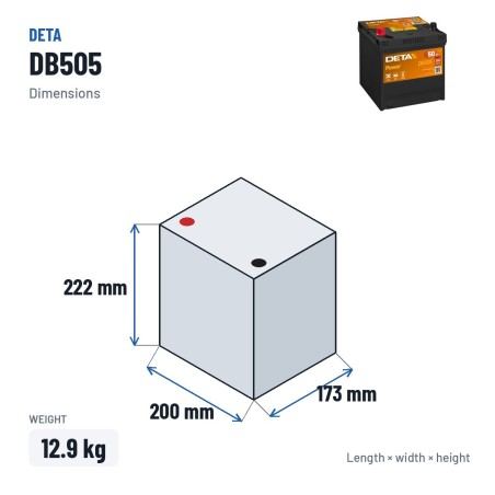 Autobatterie Deta DB505 12V 50Ah 360A – Abmessungen 200 × 173 × 222 mm