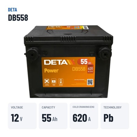 Batería de coche Deta DB558 12V 55Ah 620A | baterias.com