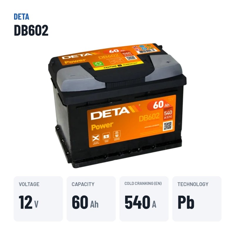 Bateria de carro Deta DB602 12V 60Ah 540A – dados principais