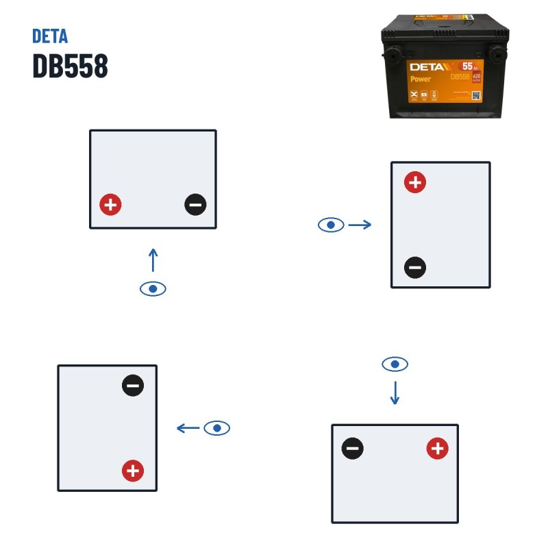 Batería de coche Deta DB558 12V 55Ah 620A | baterias.com