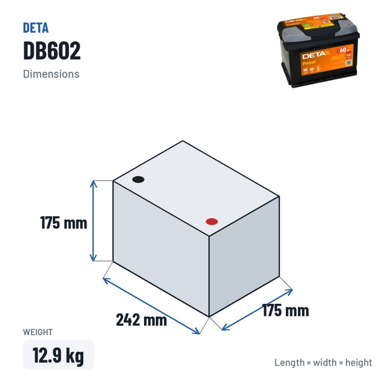 Bateria de carro Deta DB602 12V 60Ah 540A – medidas 242 × 175 × 175 mm