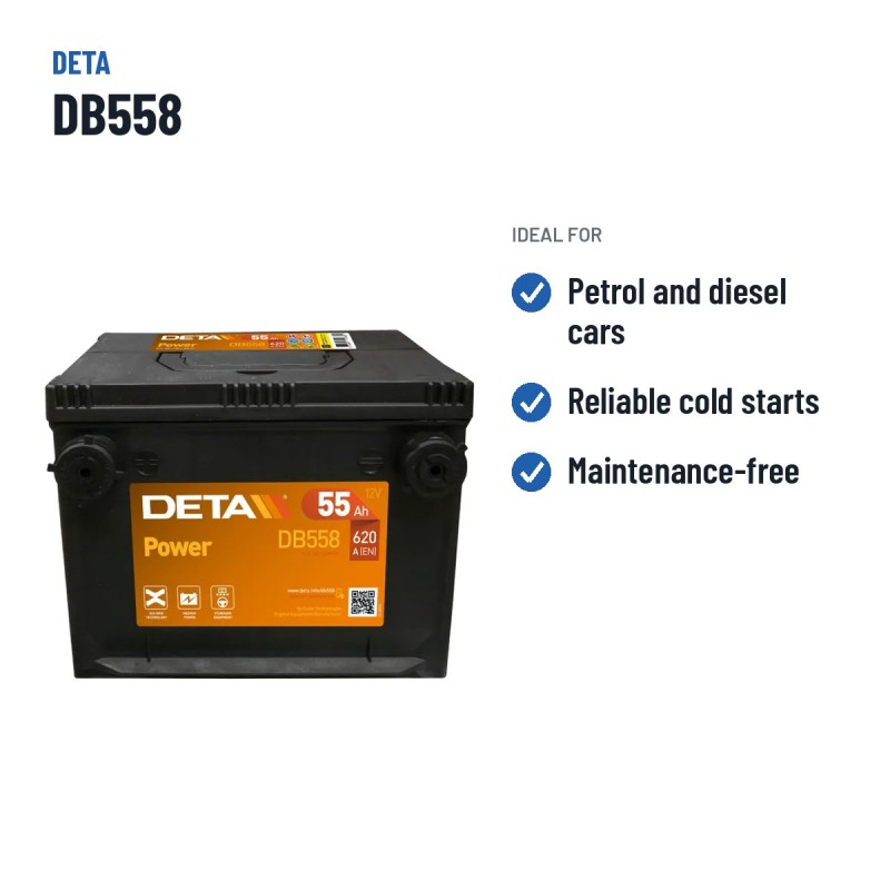 Batería de coche Deta DB558 12V 55Ah 620A | baterias.com