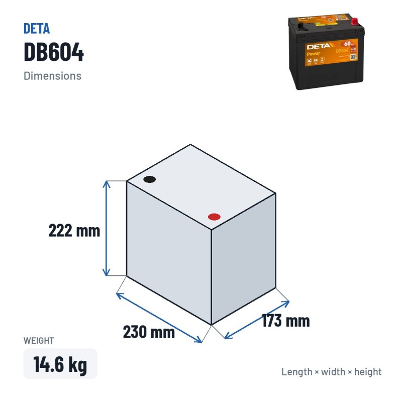 Batteria auto Deta DB604 12V 60Ah 480A – dimensioni 230 × 173 × 222 mm