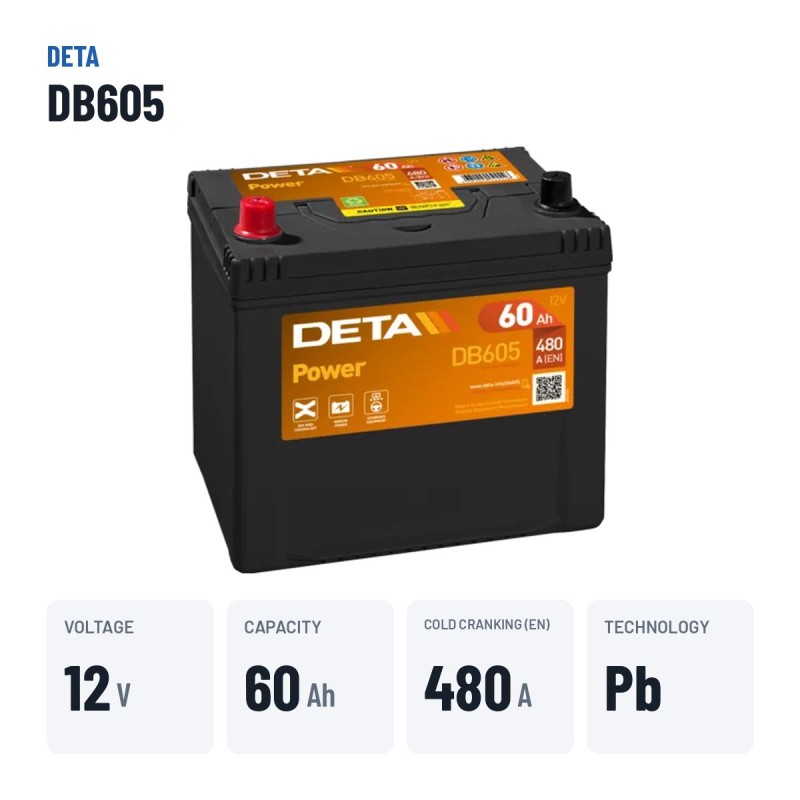 Batterie voiture Deta DB605 12V 60Ah 480A – caractéristiques clés