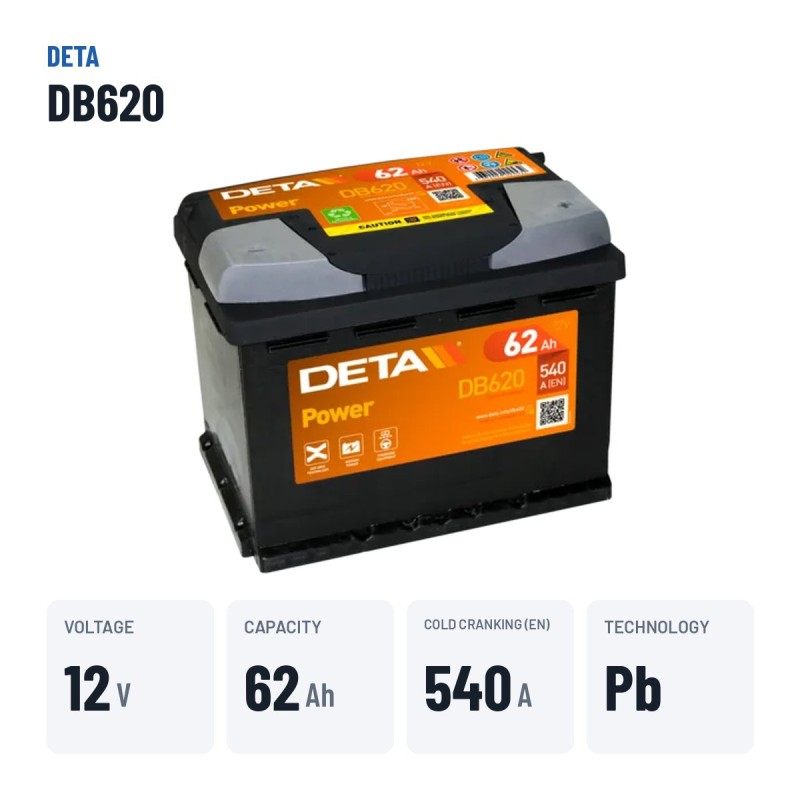 Bateria de carro Deta DB620 12V 62Ah 540A – dados principais