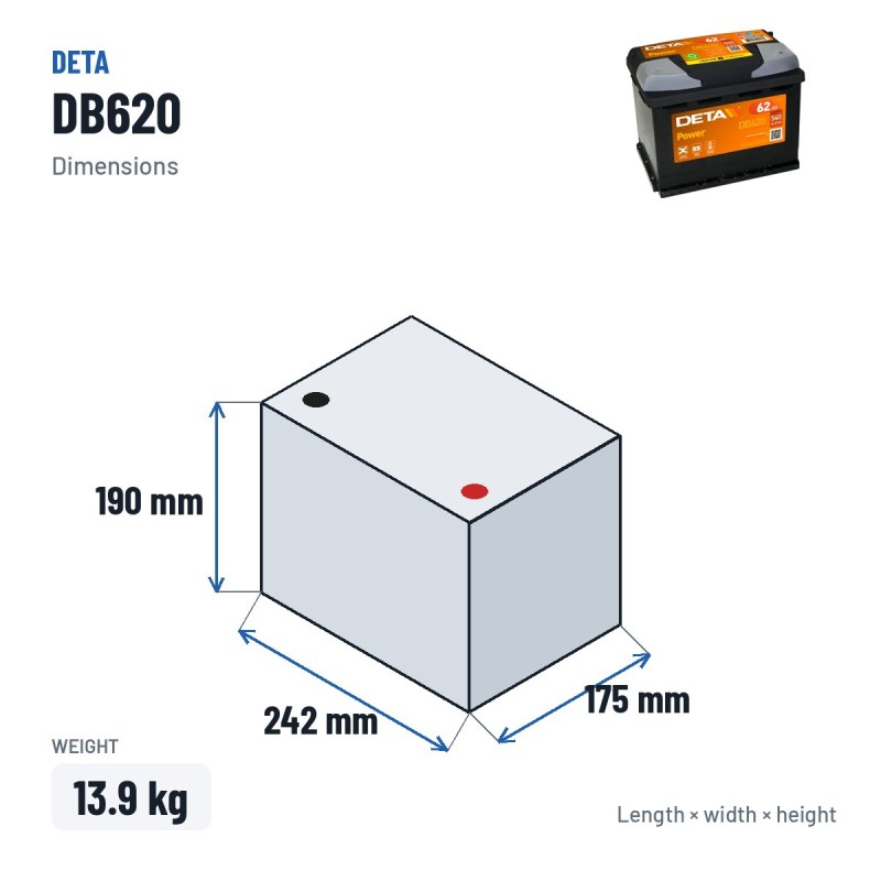 Bateria de carro Deta DB620 12V 62Ah 540A – medidas 242 × 175 × 190 mm