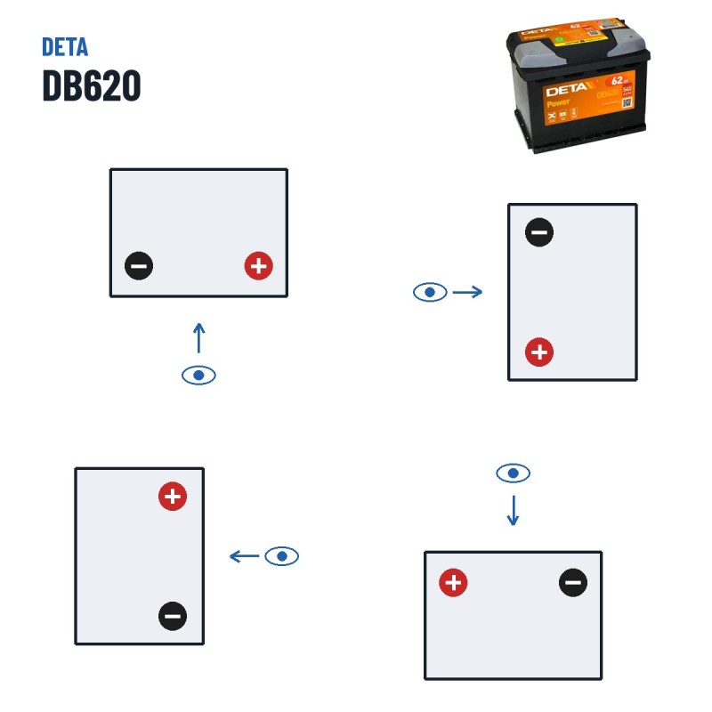 Bateria de carro Deta DB620 12V 62Ah 540A – polaridade (esquema 0, + direita)