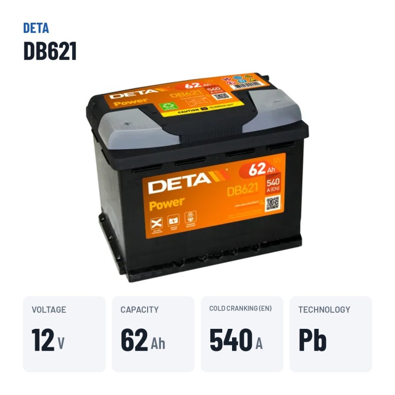 Batería de coche Deta DB621 12V 62Ah 540A | baterias.com