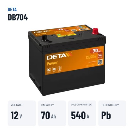 Batterie voiture Deta DB704 12V 70Ah 540A – caractéristiques clés