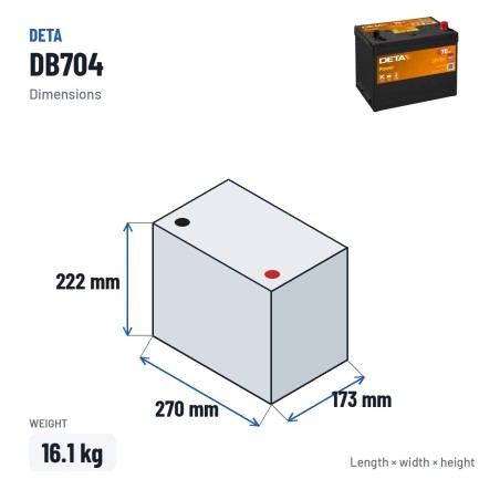 Batería de coche Deta DB704 12V 70Ah 540A – medidas 270 × 173 × 222 mm