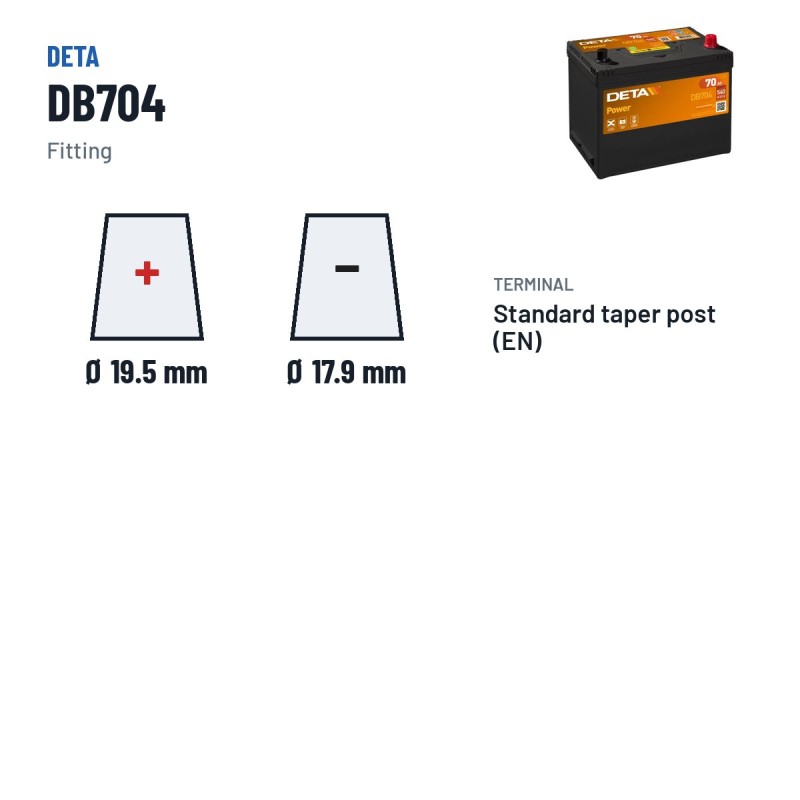 Batterie voiture Deta DB704 12V 70Ah 540A – bornes et fixation