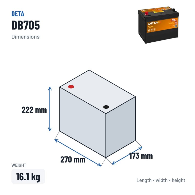 Batterie voiture Deta DB705 12V 70Ah 540A – dimensions 270 × 173 × 222 mm