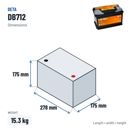 Autobatterie Deta DB712 12V 71Ah 670A – Abmessungen 278 × 175 × 175 mm