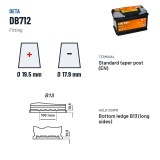 Car battery Deta DB712 12V 71Ah 670A – terminal and hold-down