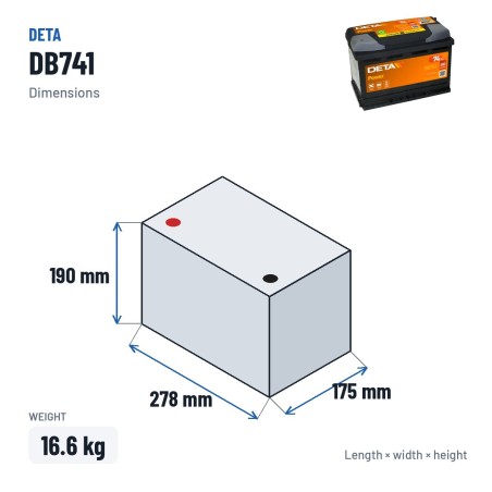 Batteria auto Deta DB741 12V 74Ah 680A – dimensioni 278 × 175 × 190 mm