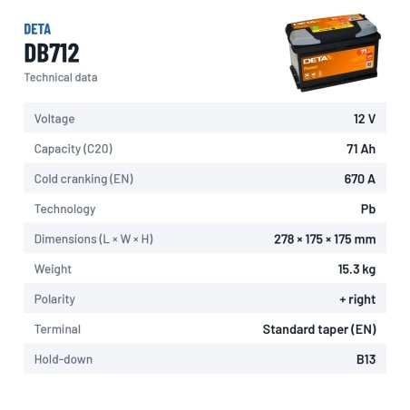Autobatterie Deta DB712 12V 71Ah 670A – technische Daten